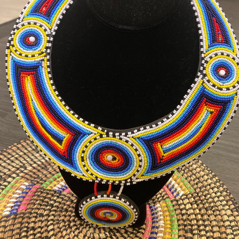Massai fine beaded necklace , earrings